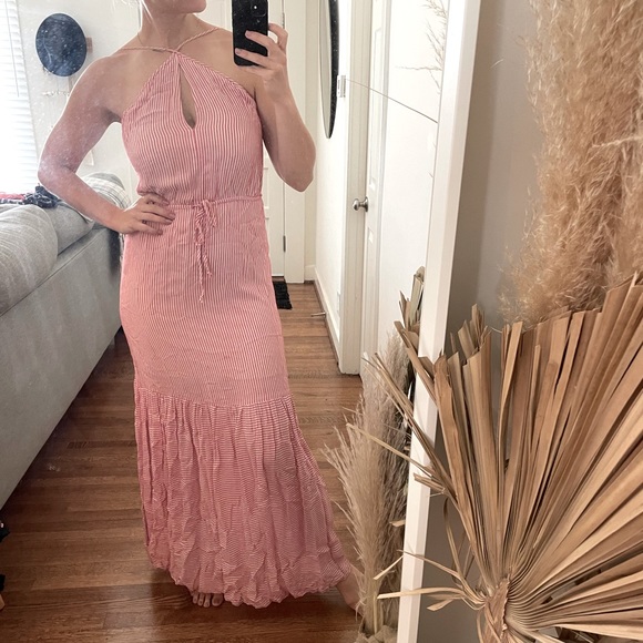 BCBG Red/White Analeigh Striped Spaghetti Halter Tiered Hem Casual Maxi Dress - Picture 2 of 5